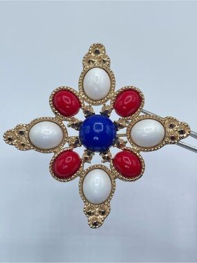 Sarah Coventry Patriotic Flower Brooch Red White Blue Gold Tone Pin